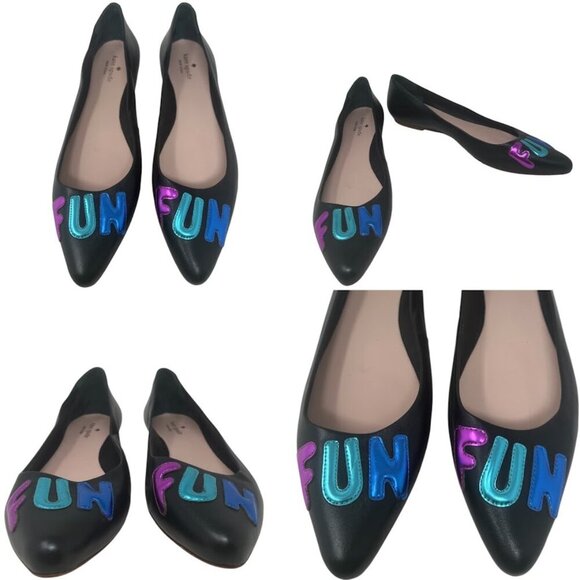 New Kate Spade Elliot “FUN” Printed Black Leather Pointed Toe Flats Size 11 - Picture 12 of 13
